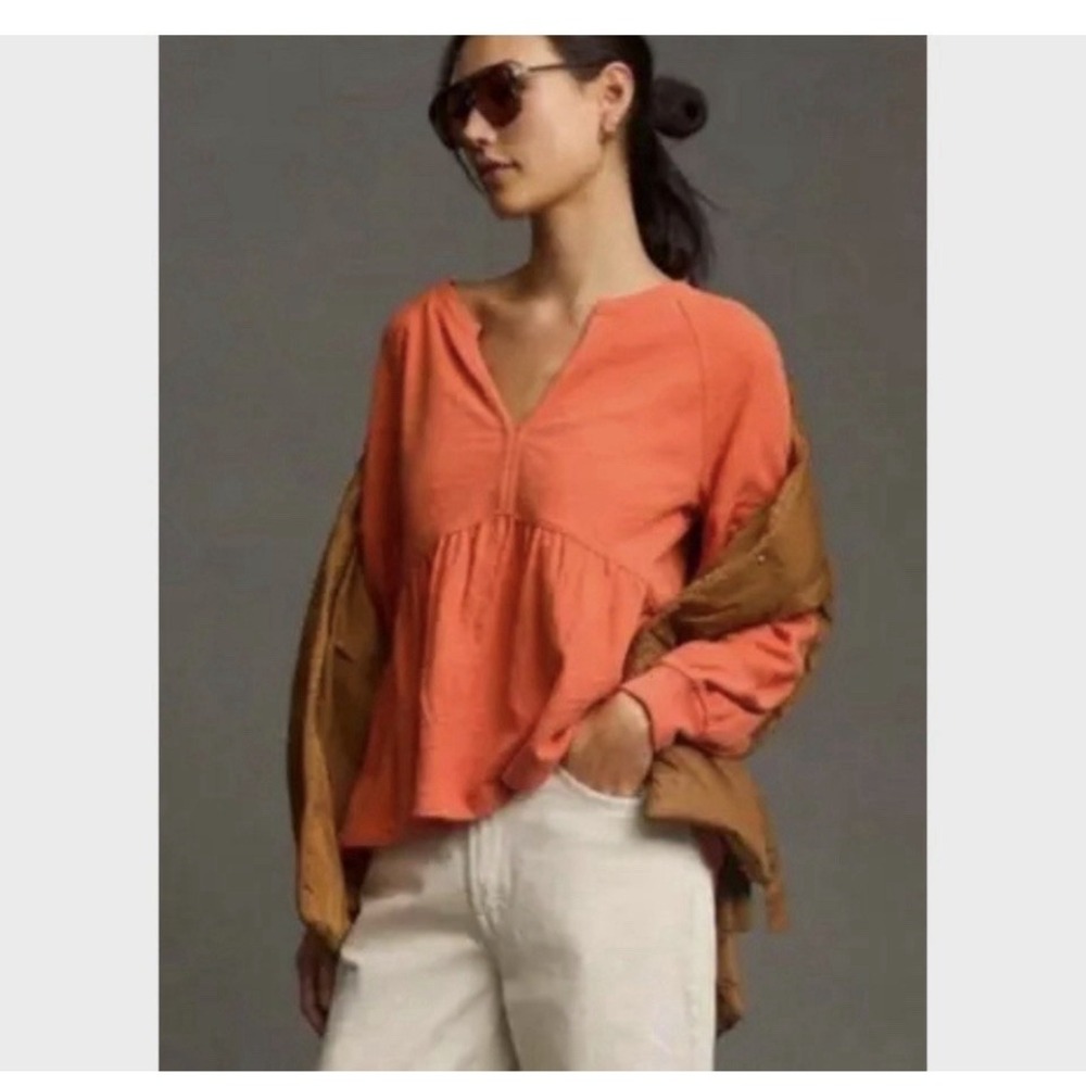 Orange VNeck Babydoll Peplum Long Sleeve pullover XS top Flowy Maximalist